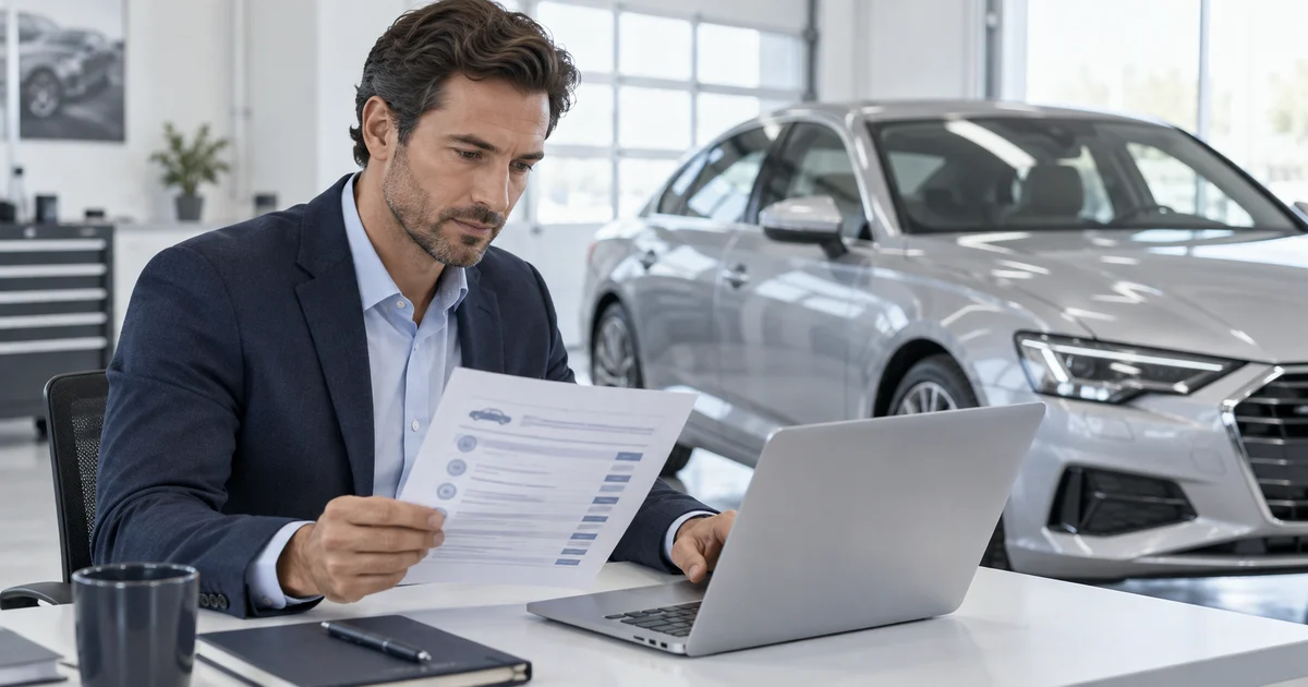 Buyer reviewing vehicle documents and a laptop beside a car