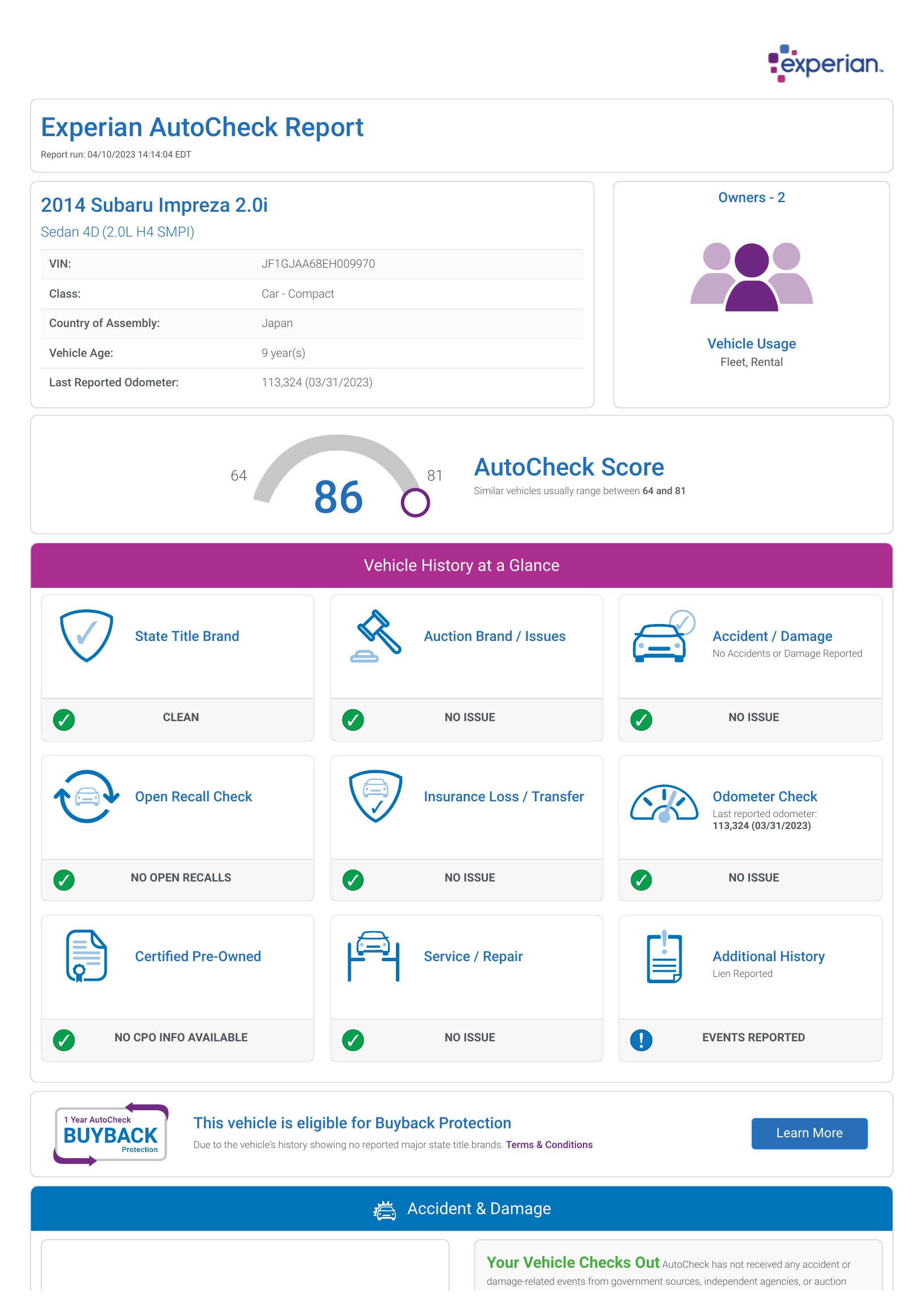 Preview of an Experian AutoCheck vehicle history report format